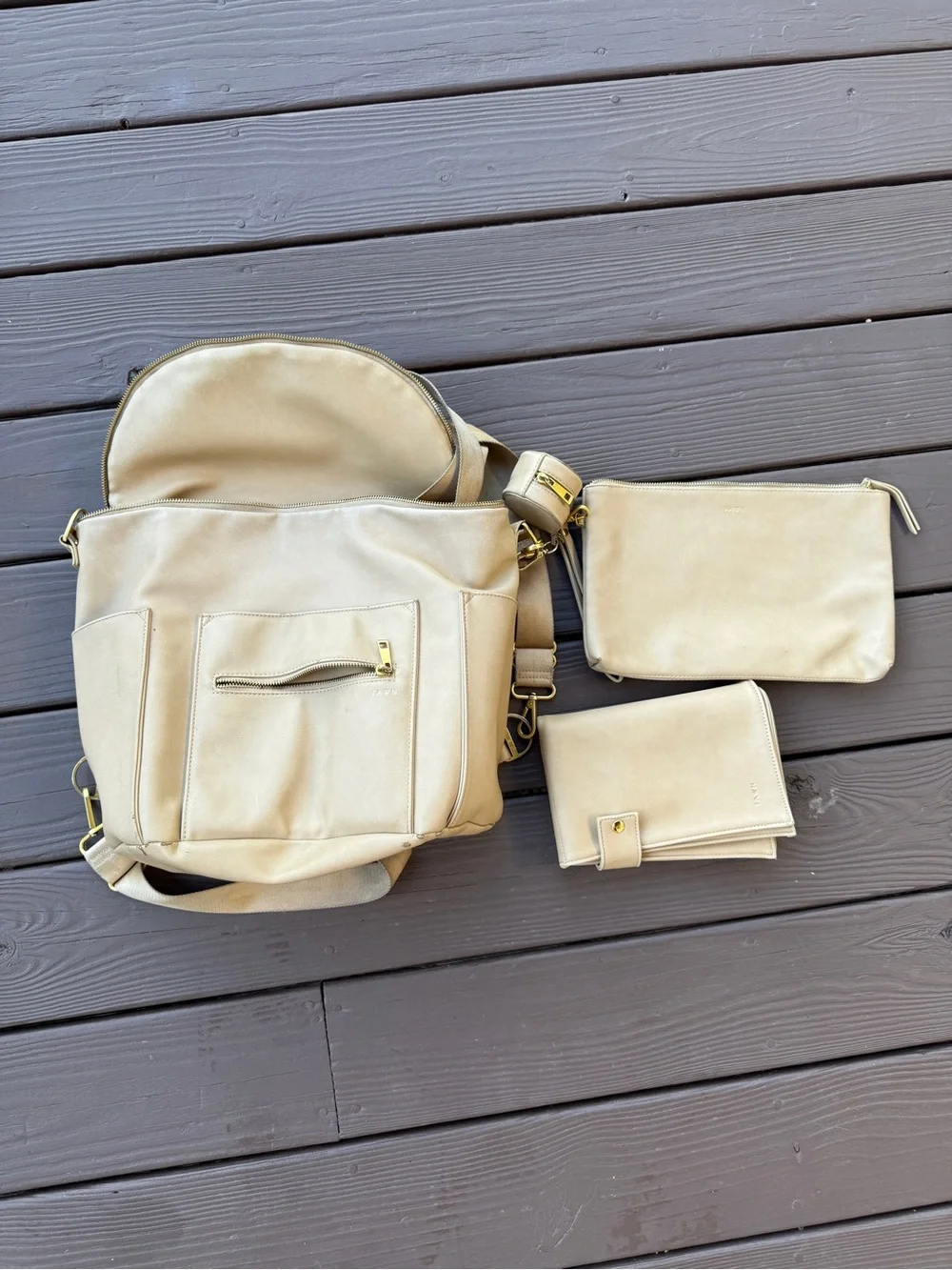 Fawn Design Beige Crossbody Bucket Bag with Gold Hardware